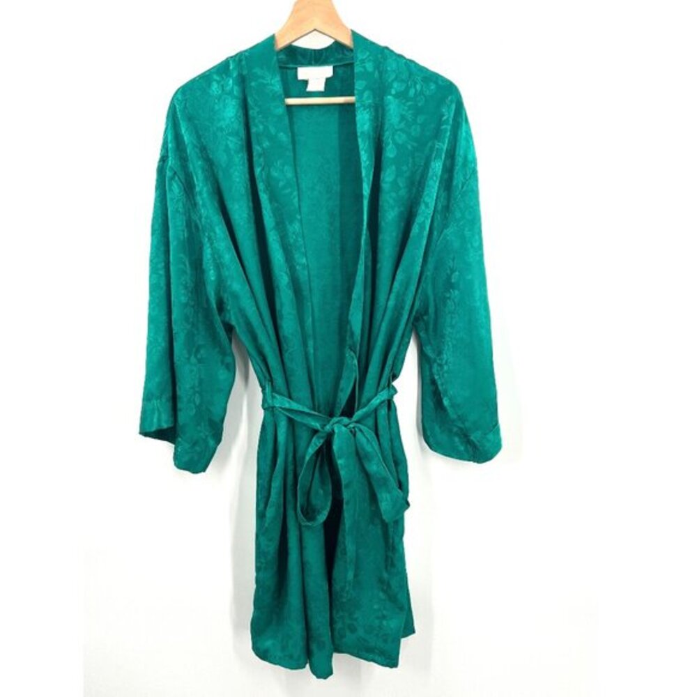 Vintage Cachet dark teal green floral satin robe pinup boho feminine glamour L‎
